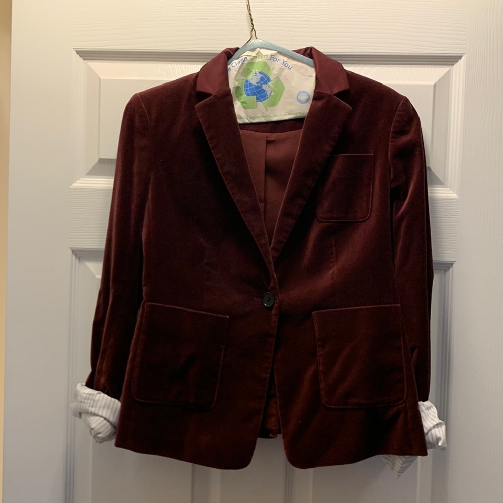 Ann Taylor velvet burgundy blazer with pin stripe cuffs